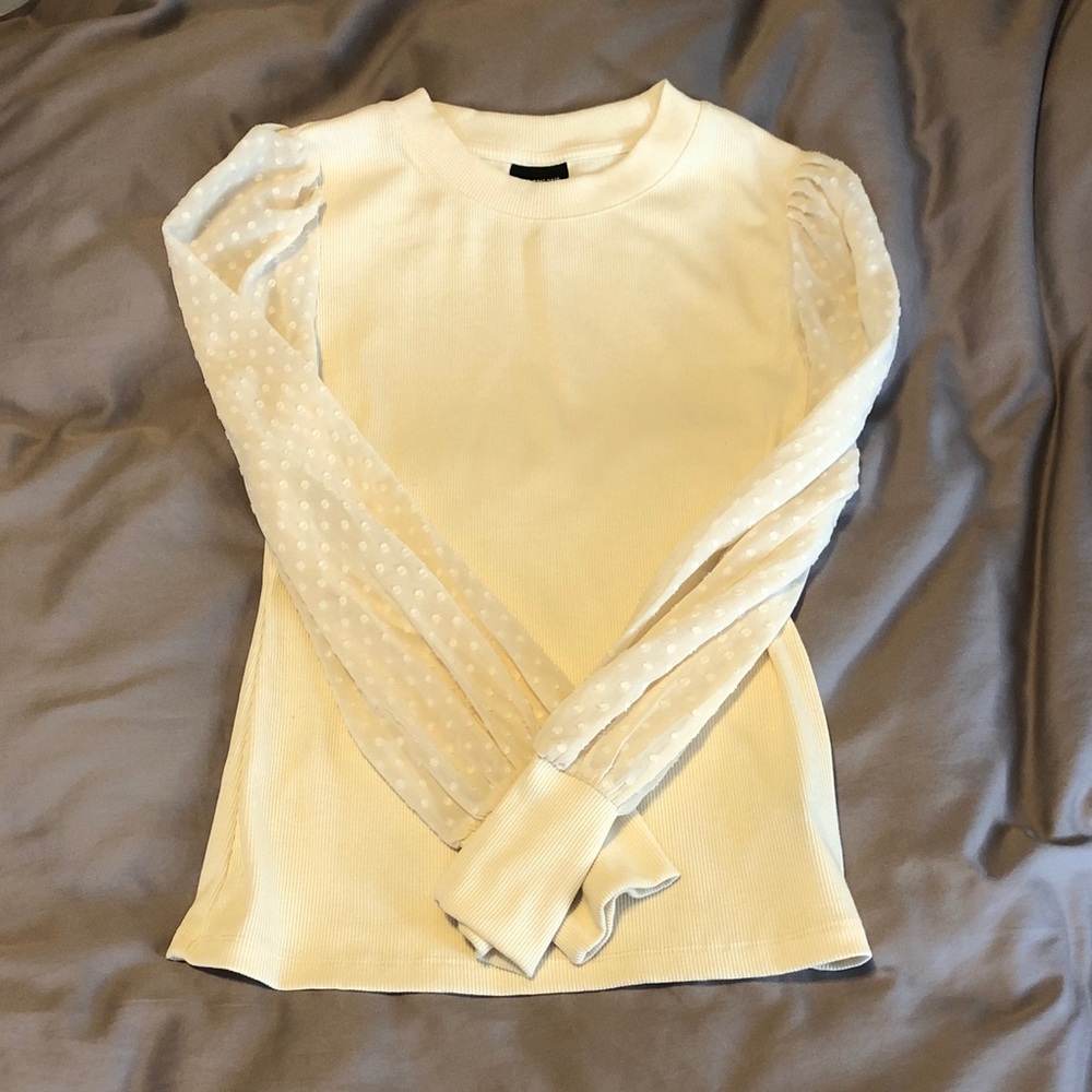 Who What Wear Cream Long Sleeve Top with Sheer Polka Dot Sleeves